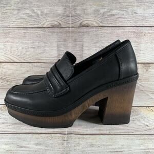 Korks Womens Size 8M Penny Platform Loafer Pump Black Faux Leather Chunky Heels